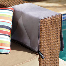 Load image into Gallery viewer, grey towel folded and draped over the side of a couch arm with pool in background