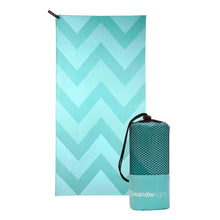 Load image into Gallery viewer, turquoise towel with darker turquoise chevron print, hang loop on upper left corner and branded turquoise carrying pouch