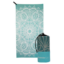 Load image into Gallery viewer, turquoise towel with large white mandala print, hang loop on upper left corner and branded turquoise carrying pouch