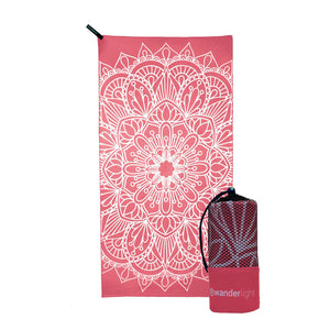 coral pink towel with large white mandala print, hang loop on upper left corner and branded pink carrying pouch